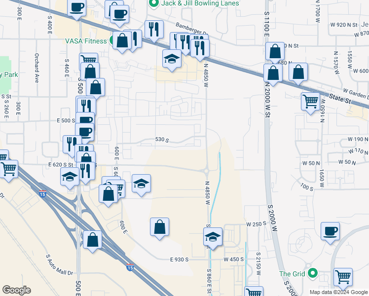 map of restaurants, bars, coffee shops, grocery stores, and more near 814 East 550 South in American Fork