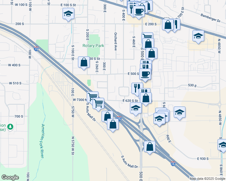 map of restaurants, bars, coffee shops, grocery stores, and more near 357 East 580 South in American Fork