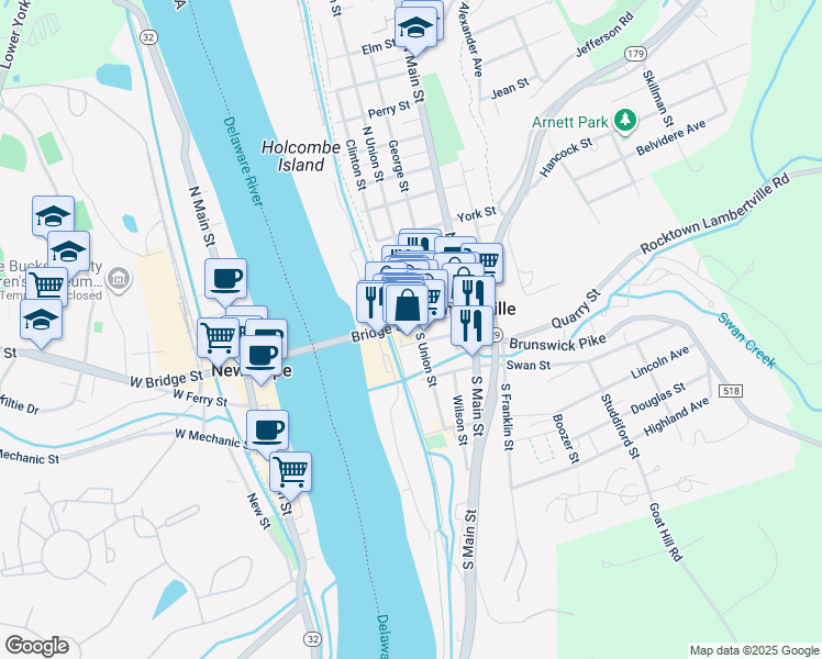 map of restaurants, bars, coffee shops, grocery stores, and more near 31 Bridge Street in Lambertville