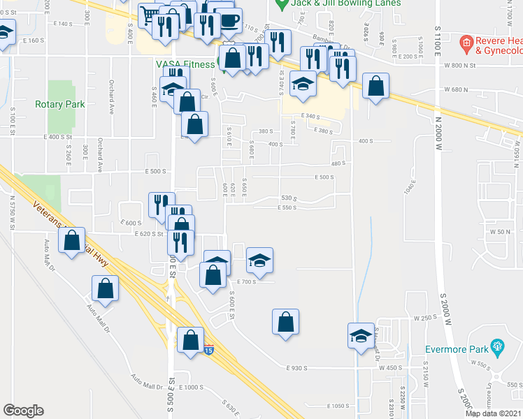 map of restaurants, bars, coffee shops, grocery stores, and more near 694 North 550 East in American Fork
