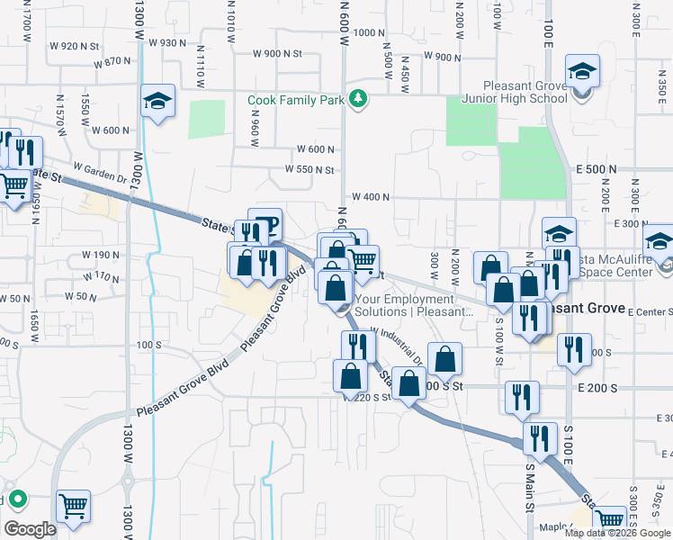 map of restaurants, bars, coffee shops, grocery stores, and more near 690 West State Street in Pleasant Grove