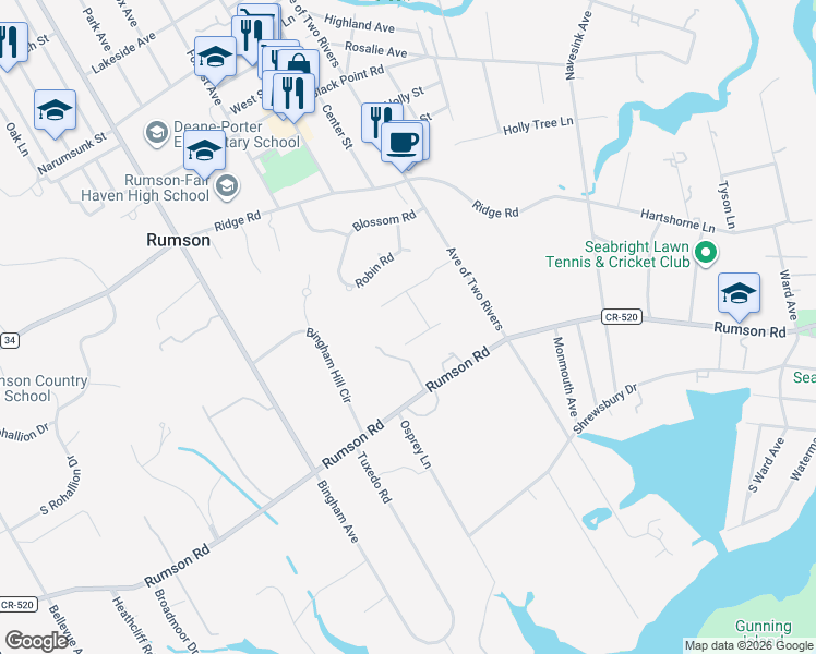 map of restaurants, bars, coffee shops, grocery stores, and more near 88 Rumson Road in Rumson