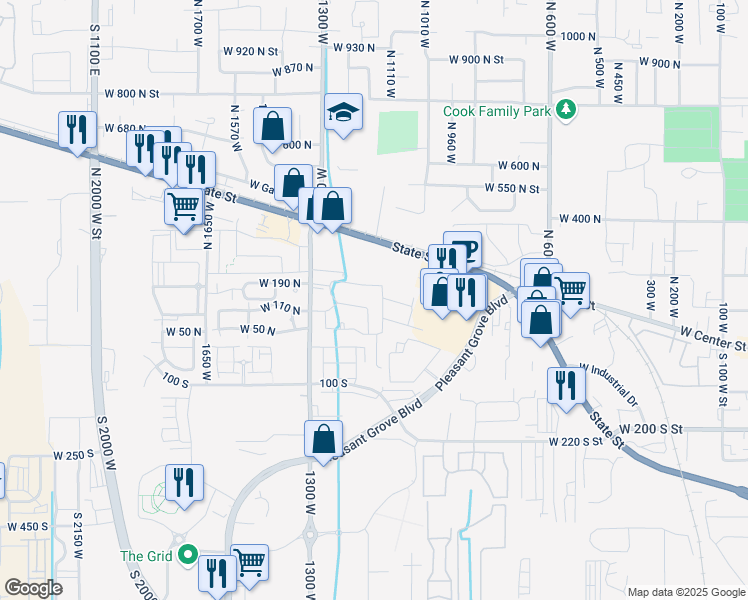 map of restaurants, bars, coffee shops, grocery stores, and more near 99 Cambria Way in Pleasant Grove
