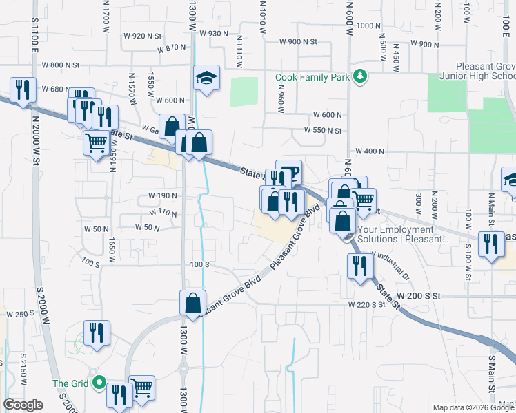map of restaurants, bars, coffee shops, grocery stores, and more near 1072 West Cambria Drive in Pleasant Grove