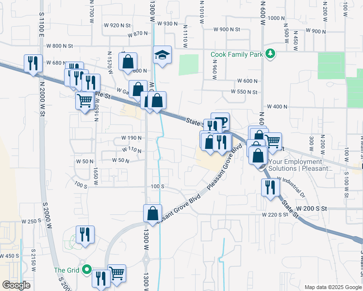 map of restaurants, bars, coffee shops, grocery stores, and more near 99 Cambria Way in Pleasant Grove