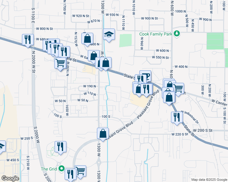 map of restaurants, bars, coffee shops, grocery stores, and more near 99 Cambria Way in Pleasant Grove
