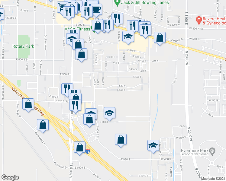 map of restaurants, bars, coffee shops, grocery stores, and more near 694 North 550 East in American Fork
