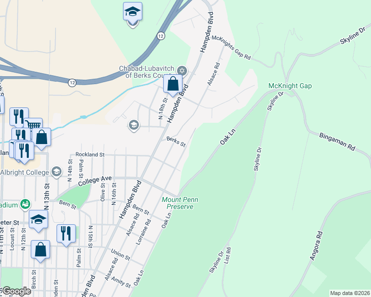 map of restaurants, bars, coffee shops, grocery stores, and more near 2040 Lorraine Road in Reading