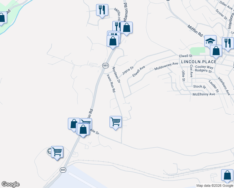 map of restaurants, bars, coffee shops, grocery stores, and more near 703 Irwin Run Road in West Mifflin