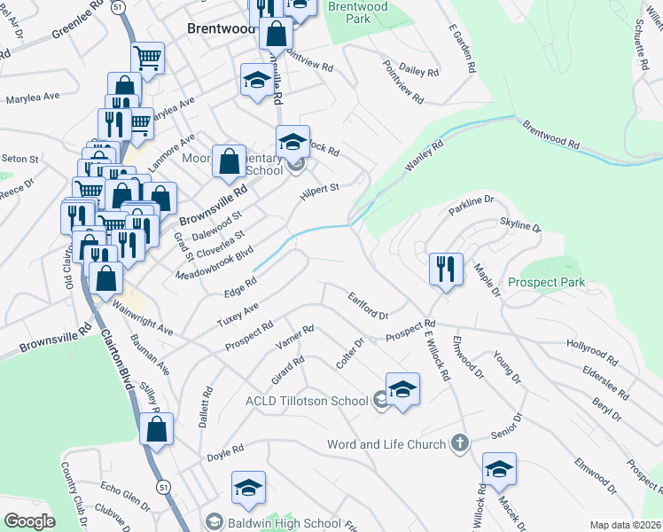 map of restaurants, bars, coffee shops, grocery stores, and more near 1253 Earlford Drive in Pittsburgh