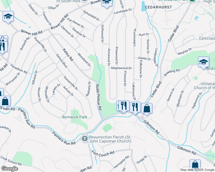 map of restaurants, bars, coffee shops, grocery stores, and more near 1311 Arrowood Drive in Pittsburgh