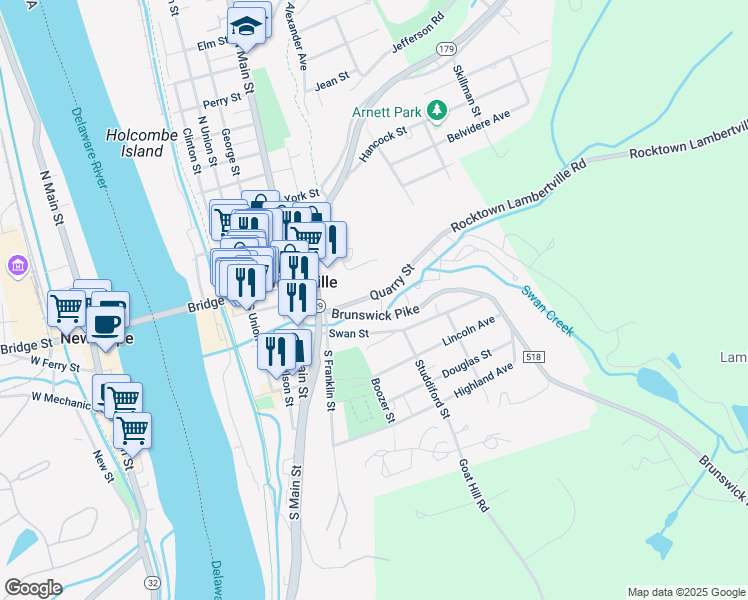 map of restaurants, bars, coffee shops, grocery stores, and more near 49 Quarry Street in Lambertville