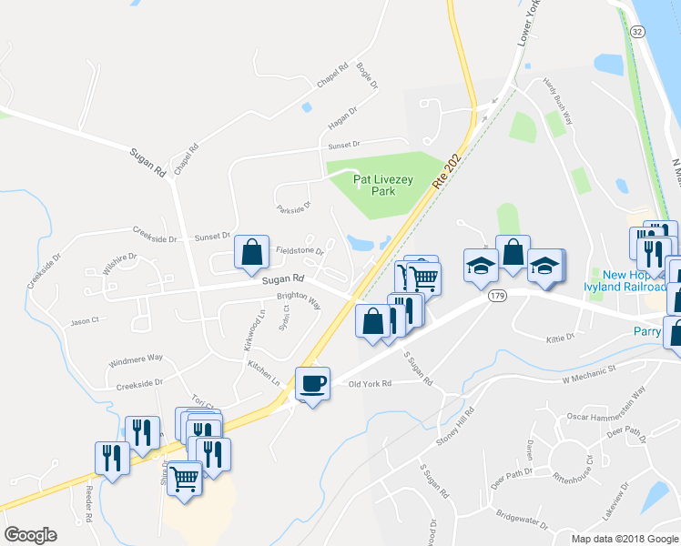 map of restaurants, bars, coffee shops, grocery stores, and more near 140 Summerhill Court in New Hope