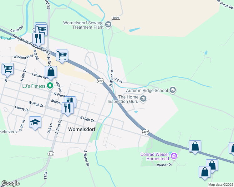 map of restaurants, bars, coffee shops, grocery stores, and more near 100 Bunker Hill Road in Womelsdorf