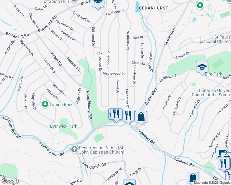 map of restaurants, bars, coffee shops, grocery stores, and more near 1288 Firwood Drive in Pittsburgh