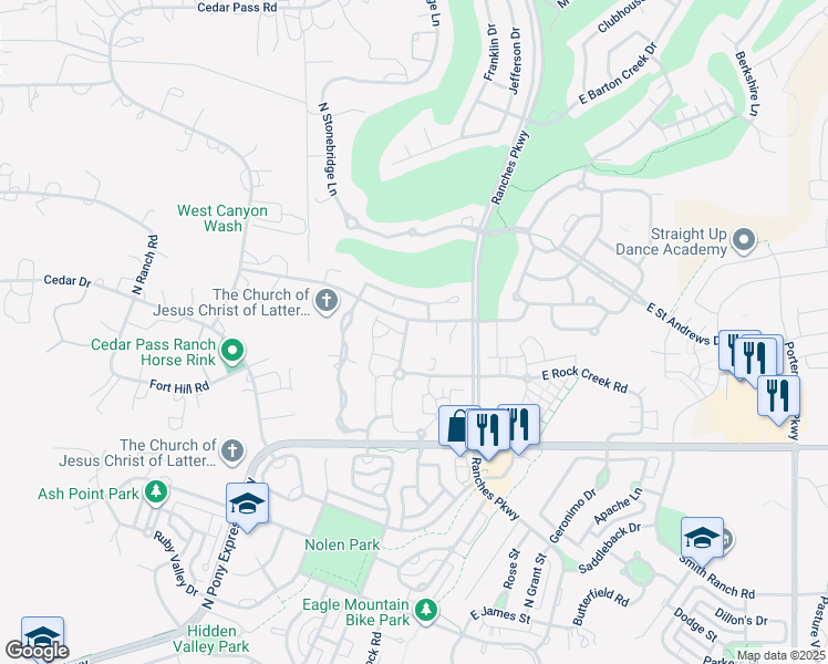 map of restaurants, bars, coffee shops, grocery stores, and more near 8228 North Cedar Springs Road in Eagle Mountain
