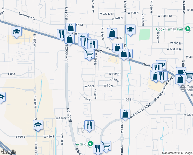 map of restaurants, bars, coffee shops, grocery stores, and more near 1593 West 110 North in Pleasant Grove