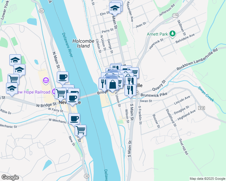 map of restaurants, bars, coffee shops, grocery stores, and more near 31 Bridge Street in Lambertville