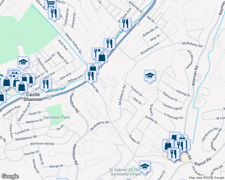 map of restaurants, bars, coffee shops, grocery stores, and more near 322 Murrays Lane in Pittsburgh