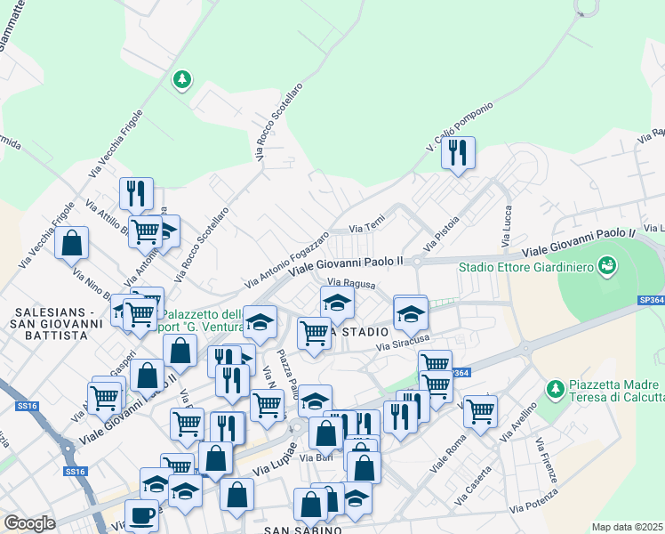 map of restaurants, bars, coffee shops, grocery stores, and more near Viale Stadio in Lecce
