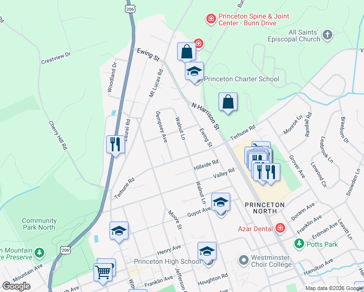 map of restaurants, bars, coffee shops, grocery stores, and more near 194 Terhune Road in Princeton