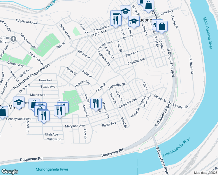 map of restaurants, bars, coffee shops, grocery stores, and more near 808 Hinnerman Street in Duquesne