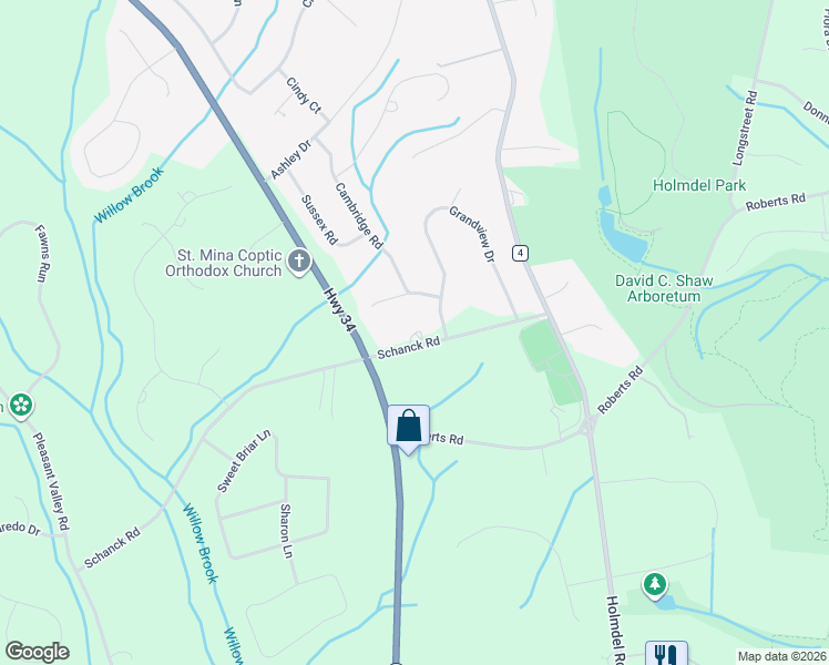 map of restaurants, bars, coffee shops, grocery stores, and more near 14 Schanck Road in Holmdel