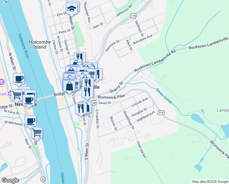 map of restaurants, bars, coffee shops, grocery stores, and more near 72 Brunswick Avenue in Lambertville