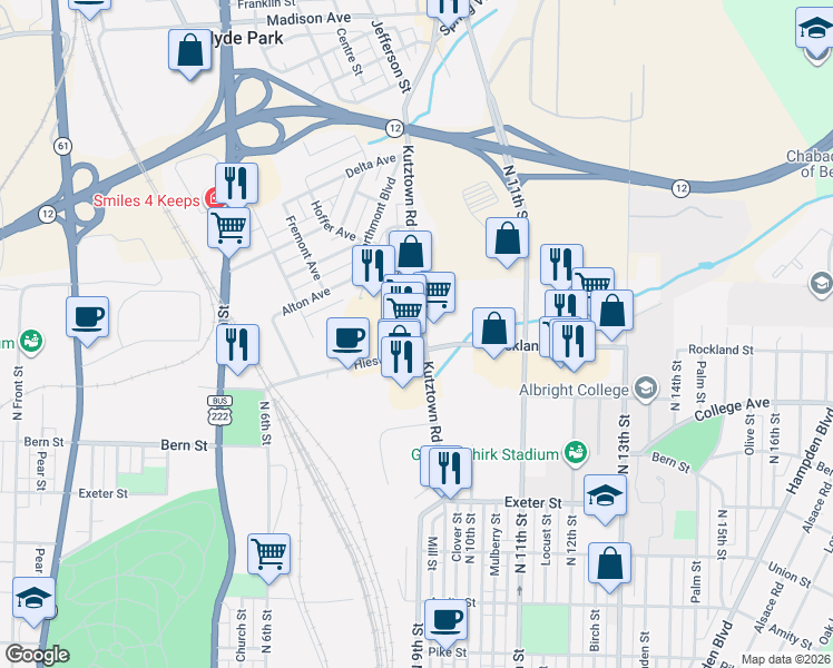 map of restaurants, bars, coffee shops, grocery stores, and more near 2000 Kutztown Road in Reading