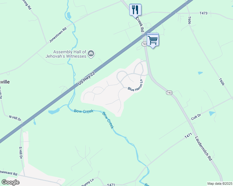 map of restaurants, bars, coffee shops, grocery stores, and more near 1854 Blue Heron Lane in Palmyra