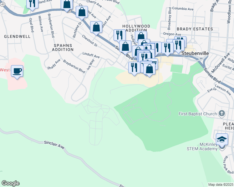map of restaurants, bars, coffee shops, grocery stores, and more near 500 Stanton Boulevard in Steubenville