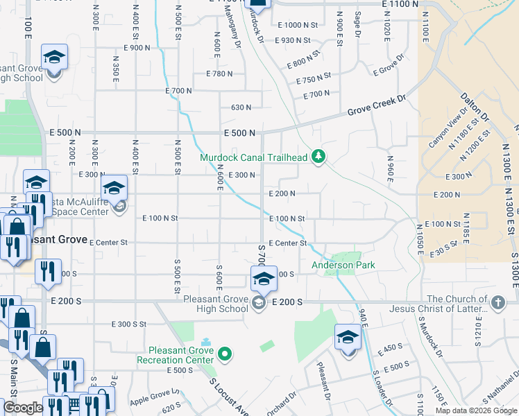 map of restaurants, bars, coffee shops, grocery stores, and more near 151 North 700 East Street in Pleasant Grove