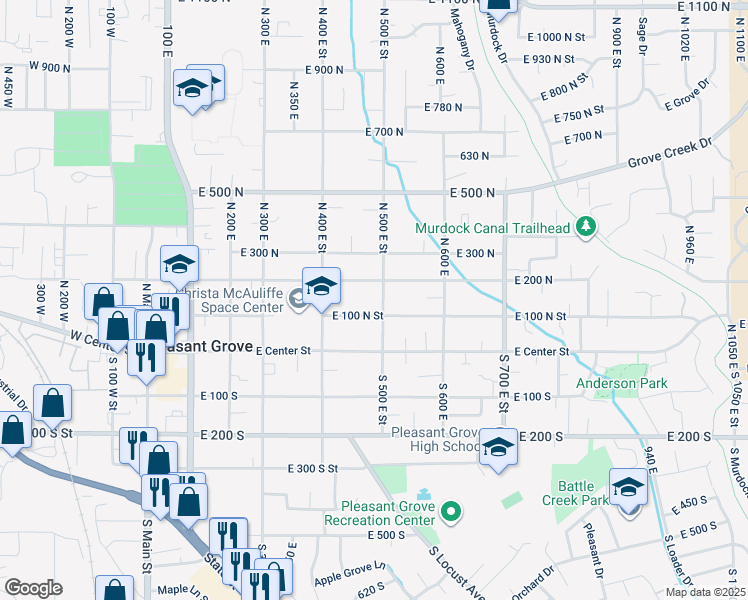 map of restaurants, bars, coffee shops, grocery stores, and more near 84 North 500 East Street in Pleasant Grove