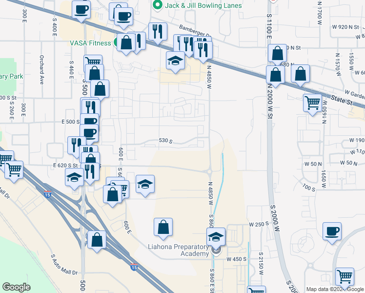 map of restaurants, bars, coffee shops, grocery stores, and more near 791 530 South in American Fork