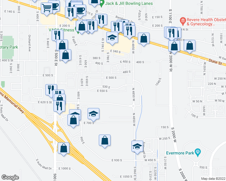 map of restaurants, bars, coffee shops, grocery stores, and more near 791 530 South in American Fork