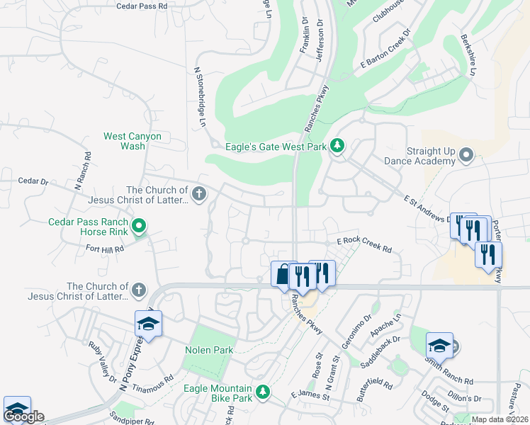 map of restaurants, bars, coffee shops, grocery stores, and more near 8204 North Cedar Springs Road in Eagle Mountain