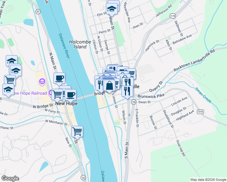 map of restaurants, bars, coffee shops, grocery stores, and more near 25 Ferry Street in Lambertville