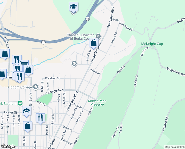 map of restaurants, bars, coffee shops, grocery stores, and more near 2001 Hampden Boulevard in Reading
