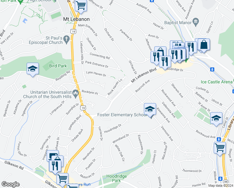 map of restaurants, bars, coffee shops, grocery stores, and more near 100 Mount Lebanon Boulevard in Mount Lebanon