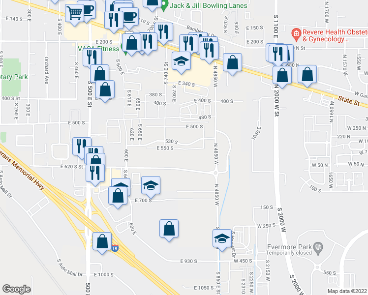 map of restaurants, bars, coffee shops, grocery stores, and more near 785 East 550 South in American Fork