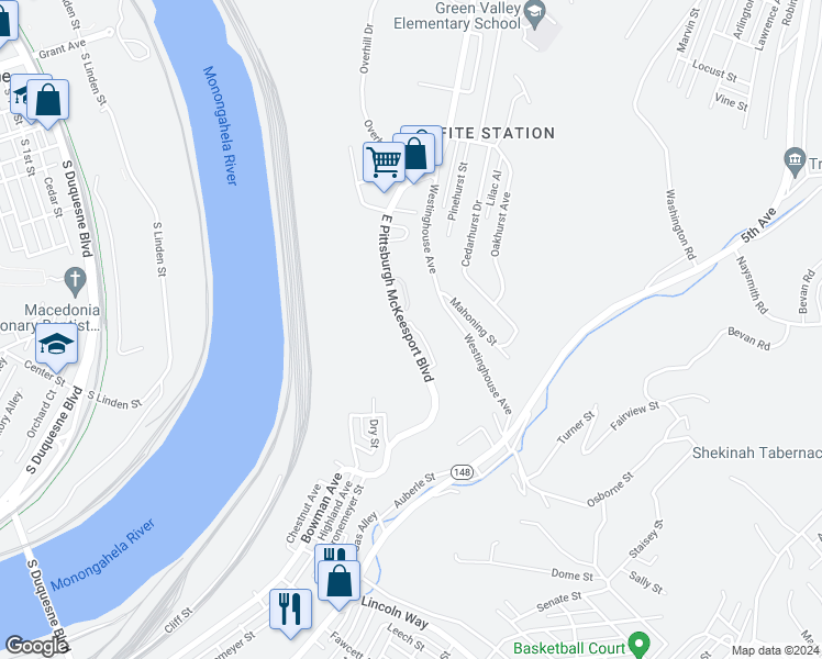 map of restaurants, bars, coffee shops, grocery stores, and more near 438 East Pittsburgh McKeesport Boulevard in North Versailles