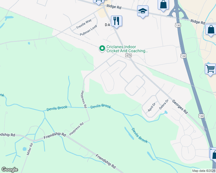map of restaurants, bars, coffee shops, grocery stores, and more near 74 Liberty Drive in South Brunswick Township