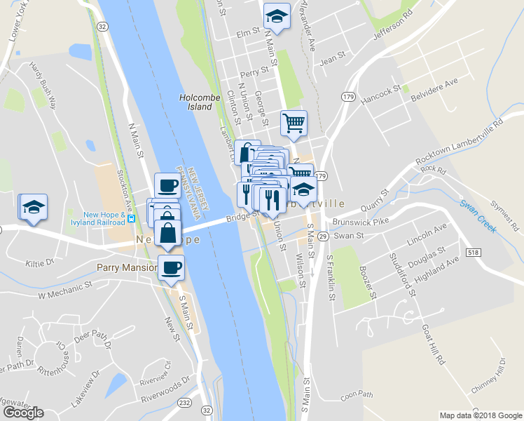 map of restaurants, bars, coffee shops, grocery stores, and more near 20 Bridge Street in Lambertville