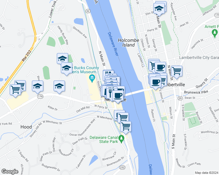 map of restaurants, bars, coffee shops, grocery stores, and more near 39 North Main Street in New Hope