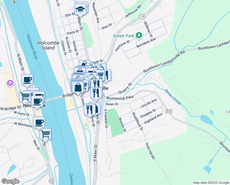 map of restaurants, bars, coffee shops, grocery stores, and more near 26 Quarry Street in Lambertville