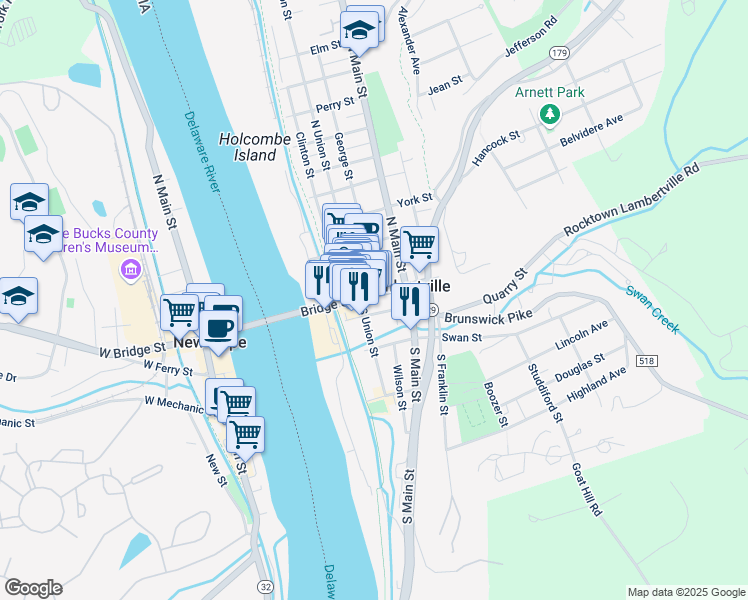 map of restaurants, bars, coffee shops, grocery stores, and more near 25 Ferry Street in Lambertville