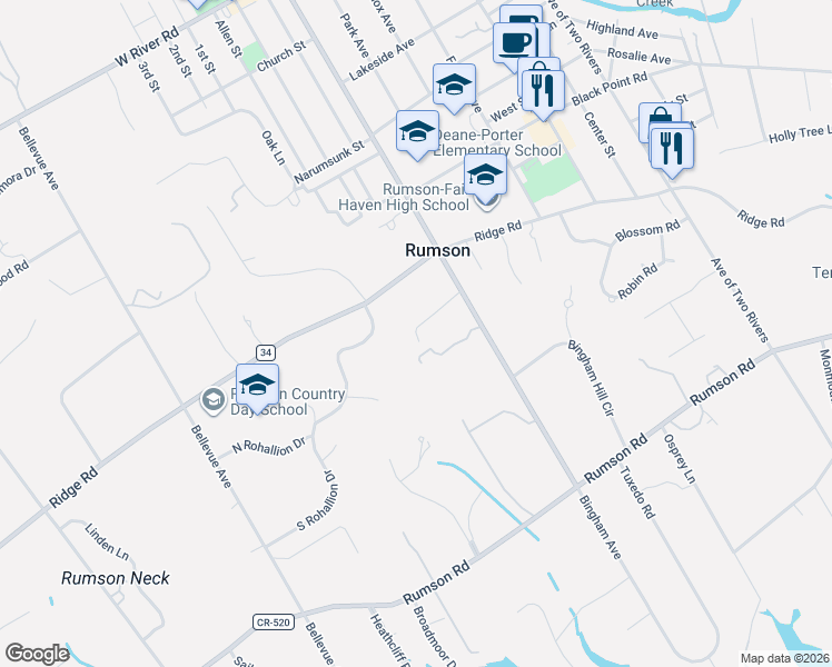 map of restaurants, bars, coffee shops, grocery stores, and more near 138 Bingham Avenue in Rumson