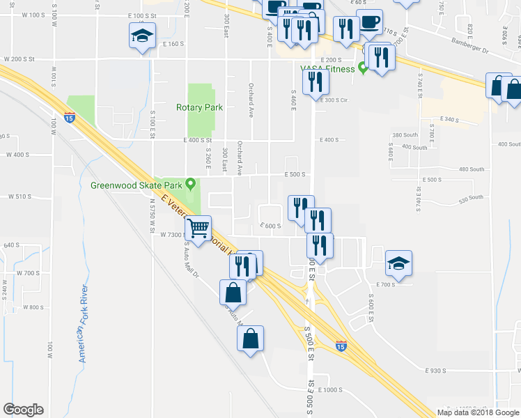 map of restaurants, bars, coffee shops, grocery stores, and more near 386 East 570 South in American Fork