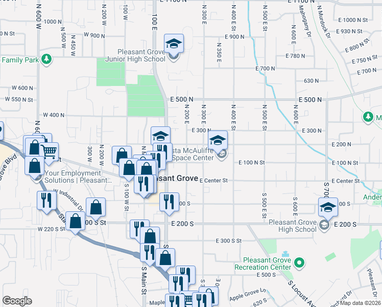 map of restaurants, bars, coffee shops, grocery stores, and more near 146 North 200 East in Pleasant Grove