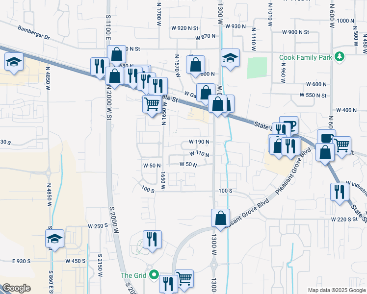 map of restaurants, bars, coffee shops, grocery stores, and more near 1493 West 110 North in Pleasant Grove